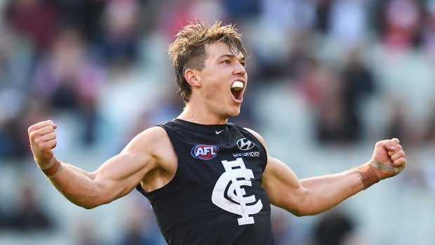 Young Blue Patrick Cripps celebrates kicking a goal against Sydney.