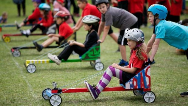 Ready to rumble: St Kilda Primary School students at the starting line of the Amazing Epic Billy Cart Race.