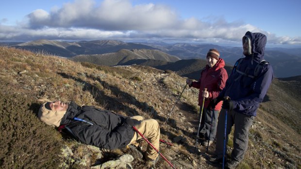Azzopardi collapses on the final climb up the Razorback Trail to Mt Feathertop.
