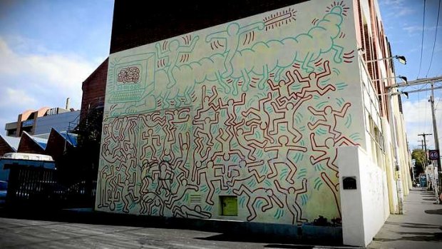 The tagged Keith Haring mural in Johnston Street, Collingwood.