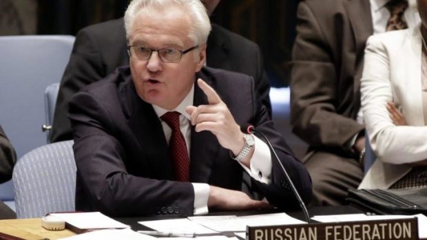 Russian Federation Ambassador Vitaly Churkin addresses the United Nations Security Council about the crisis in Ukraine. Russia has called the attack on Slavyansk 'criminal'.