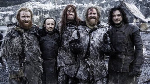 Heavy metal band Mastodon pose with Kit Harrington on the set of <i>Game of Thrones</i>.