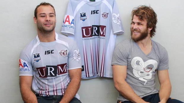 Brett Stewart and David Williams with the Manly diabetes jumper