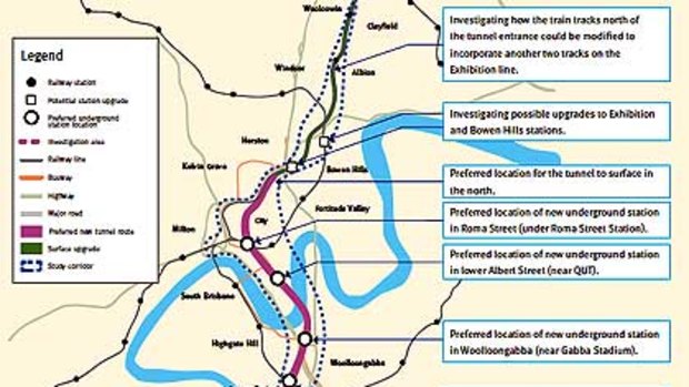 Project elements.   <B><A href= http://images.brisbanetimes.com.au/file/2010/07/13/1690631/Study%20corridor%20map%20as%20at%20July%202010.pdf?rand=1278984518537> CLICK HERE FOR A LARGER VERSION</a></b>