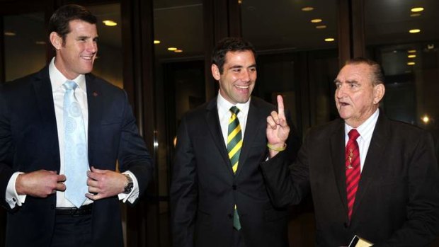 Australia and New Zealand teams at the Trans Tasman Test charity dinner, Great Hall Parliament House, Canberra. Kangaroos captain, Cameron Smith chats with L-R Victoria Cross recipients Ben Roberts-Smith and Keith Payne.