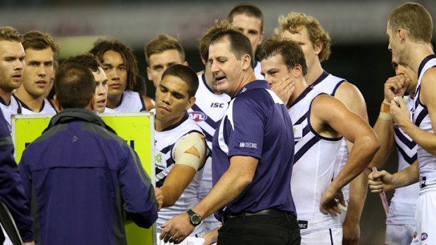 Happy to be back: Ross Lyon addresses the Dockers at Etihad Stadium this week.