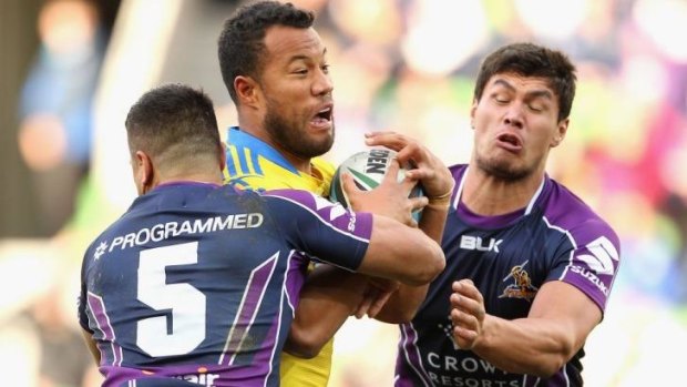 Rematch: Young Tonumaipea (right), in action against Parramatta,  played a starring  role in Storm’s controversial after-the-siren win over St George Illawarra earlier this season.