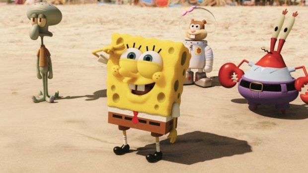 Squidward Tentacles, Sponge Bob Square Pants, Sandy Cheeks and Mr. Krabs in <i>The Spongebob Movie: Sponge Out of Water</i>.