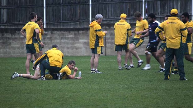 Survival of the almost fit &#8230; Wallabies World Cup hopefuls are put through fitness tests at Coogee yesterday.