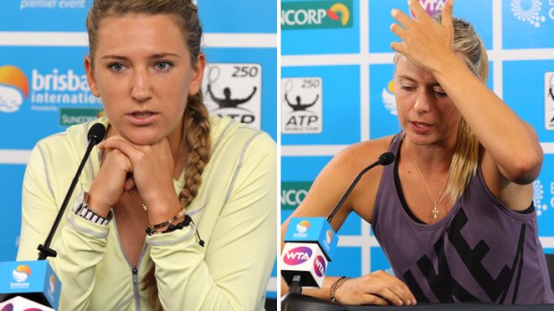 Sorry, no can do ... Top seed Victoria Azarenka, at a press conference in Brisbane, says she fell victim to a pedicure-gone-wrong, while No. 2 Maria Sharapova reportedly had a dinner booking in Melbourne.