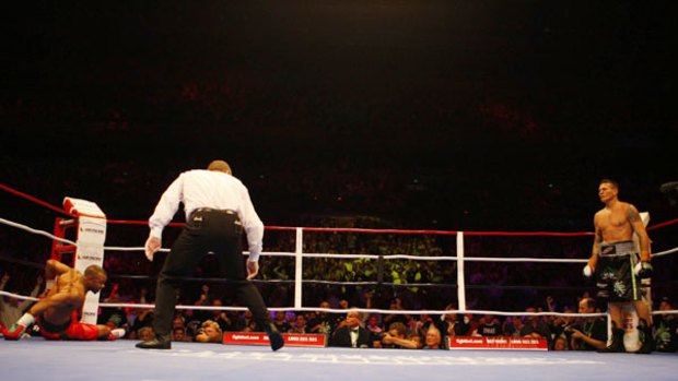 Sensational ... Roy Jones jnr staggers to his feet after Danny Green dropped him early in the first round. The American never recovered.