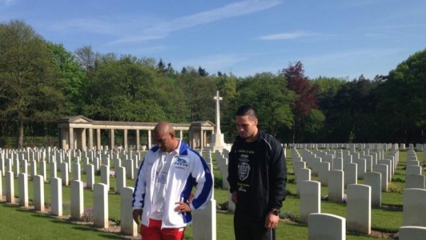 Alex Leapai and Kiwi heavyweight Joseph Parker visit Germany's Rheinberg War Cemetery on the eve of Anzac Day.