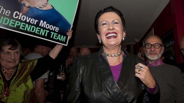 Jubilant ... Clover Moore at her election win celebration party at the Dove and Olive Hotel in Surry Hills.