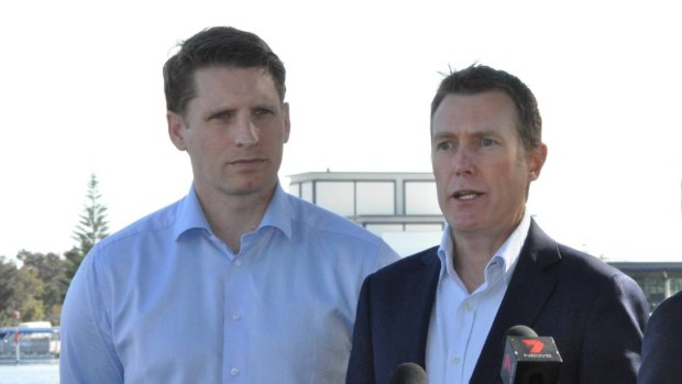Canning MP Andrew Hastie with former Social Services Minister Christian Porter at the announcement of random drug testing of Mandurah job seekers last year.