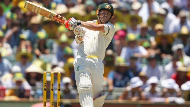 David Warner in action during day one of the Third Test in Perth.