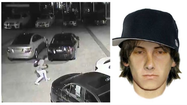 The attacker caught on CCTV, left, and, right, a computer-generated image of a man police want to speak to about the incident.