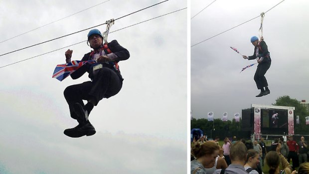 Farcical scenes ... Boris Johnson was left hanging from a zip wire.