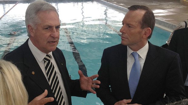 Tony Abbott with Federal Member for Canning, Don Randall in Mandurah on Thursday morning.