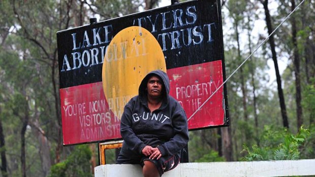 A protester at the blockade site at the Lake Tyers settlement where community members  are in dispute over actions of the administrator and manager.