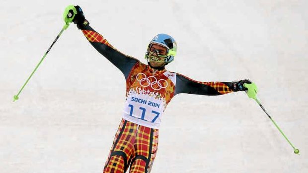 First and last: East Timor's Yohan Goncalves Goutt reacts after finishing the first run of the men's slalom at Sochi.