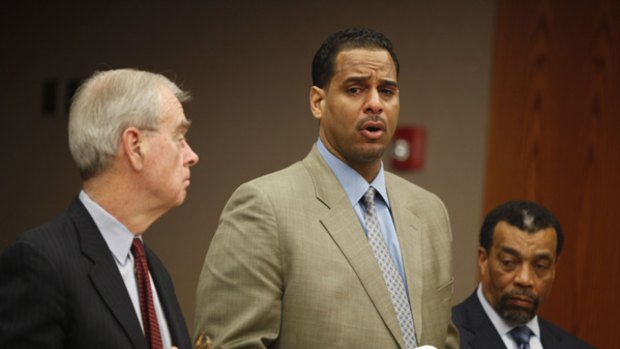 Jayson Williams, centre, addresses the court before he was sentenced to five years in prison.