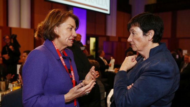 Banker's Association chief executive Anna Bligh and Business Council chief executive Jennifer Westacott ahead of Treasurer Scott Morrison's post-budget address at Parliament House on Wednesday.