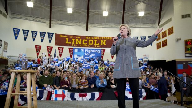 Slim lead ... Hillary Clinton, former Secretary of State and 2016 Democratic US presidential candidate, speaks during a campaign event at Abraham Lincoln High School in Des Moines, Iowa on Sunday.