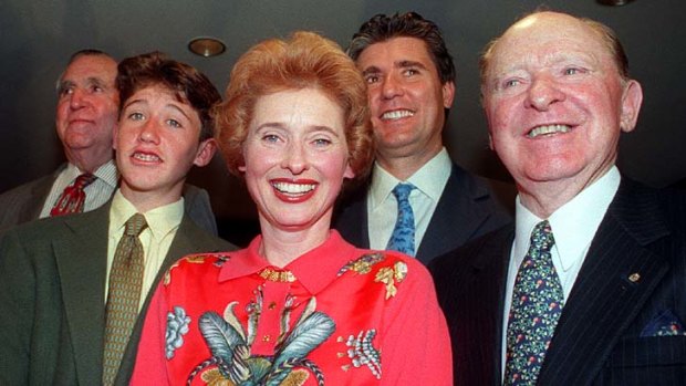 Family ties: Gai Waterhouse in 1996 with (from left) father-in-law Bill Waterhouse, son Tom, husband Robbie and father T.J.  Smith.