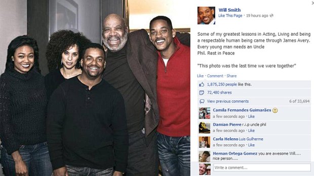 Will Smith's posting about the late James Avery on his Facebook page.