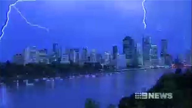 Lightning flashes over the Brisbane CBD.