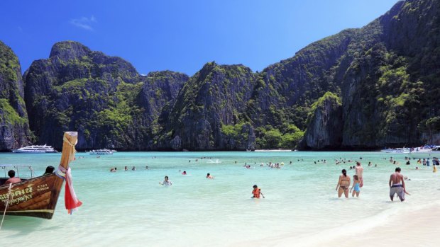 Maya Beach, featured in the famous novel and movie The Beach, is no paradise these days.