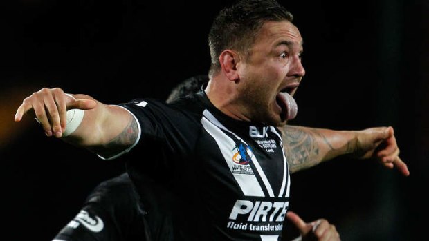 Making a point: Jared Waerea-Hargreaves leads New Zealand's Haka before the Rugby League World Cup Quarter-final against Scotland.