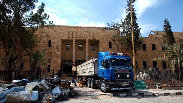 Boxes loaded with pieces of the Palmyra museum artefacts in a truck before moving them to a safe location in the town of Palmyra in the central Homs province, Syria.