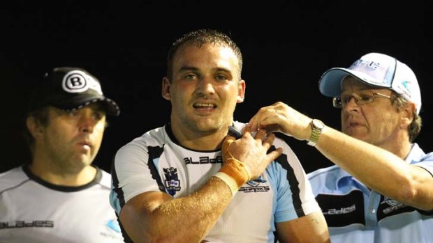 Injured his shoulder against the Knights ... Cronulla's Isaac Gordon.
