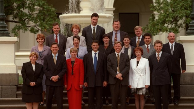 The new Labor cabinet at Government House: (Back row from left) Bob Cameron, Christine Campbell, Justin Madden, Rob Hulls, Andre Haermeyer. (Middle row) Bronwyn Pike, Sherryl Garbutt, Candy Broad, Lynne Kosky, John Pandazopoulos, Keith Hamilton. (Front row) Marsha Thomson, John Brumby, Monica Gould, Steve Bracks, John Thwaites, Mary Delahunty and Peter Batchelor.