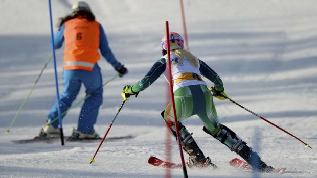 On course: Jessica Gallagher follows her slalom guide Christian Geiger.