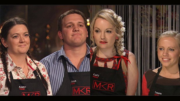 Battle of who-can-be-nicer ... Jason and Annie v Carly and Tresne are facing <i>MKR</i> elimination.