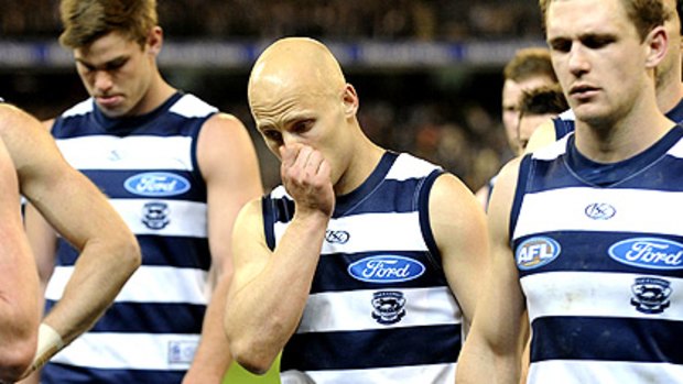 Gary Ablett leaves the ground after Geelong's preliminary final loss to Collingwood.