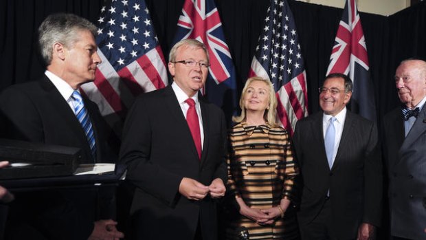 Australian Foreign Minister Kevin Rudd, second from left, appears with U.S. Secretary of State Hillary Rodham Clinton during a visit to San Francisco on Wednesday, Sept. 14, 2011. From left to right are Australian Defense Minister Stephen Smith, Rudd, Clinton, U.S. Defense Secretary Leon Panetta and former U.S. Secretary of State George Shultz.