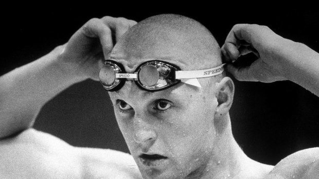 Neil Brooks  prepares before his swim during the 1986 Commonwealth Games in Scotland. 
