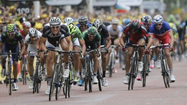Stage winner: Marcel Kittel of Germany, front left, wins a sprint finish in front of Buckingham Palace.