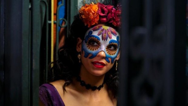 Stephanie Sigman, in Day of the Dead mask for a scene from the forthcoming James Bond film <i>Spectre</i>.