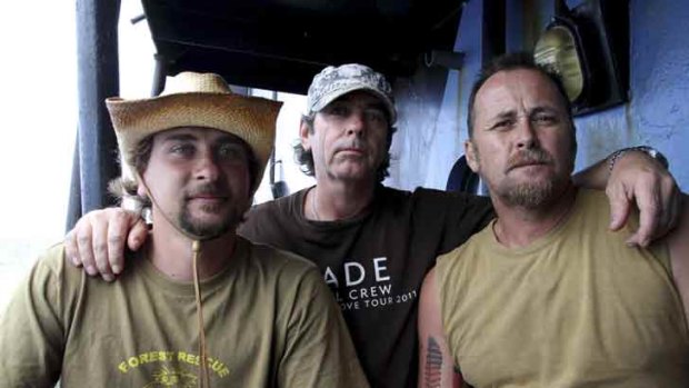 Geoffrey Owen Tuxworth, 47, Simon Peterffy, 44, and Glen Pendlebury, 27, aboard the Sea Shepherd vessel Steve Irwin.