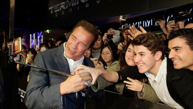 Crowds: Arnold Schwarzenegger was happy to pose for selfies with fans. 