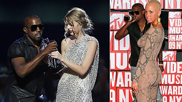 Kanye West grabs the microphone on stage from Taylor Swift and, right, with bottle and girlfriend Amber Rose.