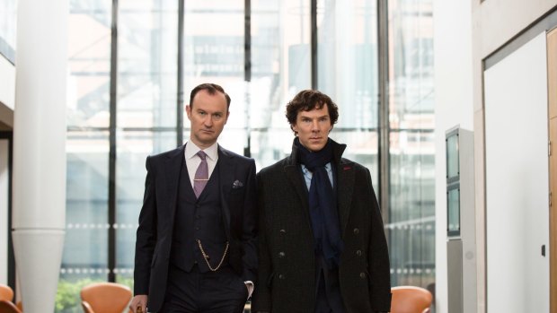 Mycroft Holmes (Mark Gatiss) and Sherlock Holmes (Benedict Cumberbatch) in Sherlock season 4.