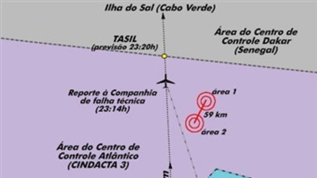 A map released by Brazilian Air Force shows (in red) the places where debris believed to be from an Air France flight that disappeared over the Atlantic with 228 people on board were located