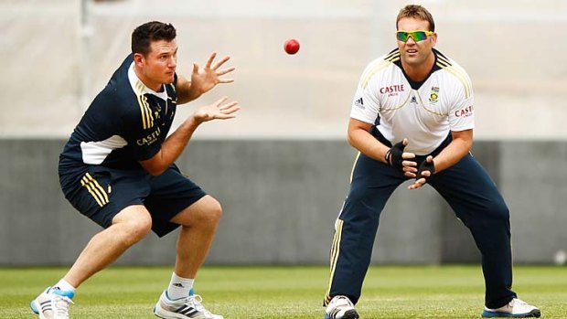 In the slips &#8230; Jacques Kallis, right, trains with Graeme Smith at the SCG last week.