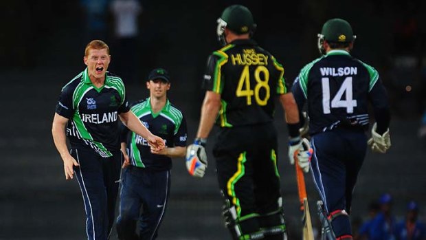 Fired up: Irish bowler Kevin O'Brien gets Michael Hussey lbw for 10 runs in Colombo.