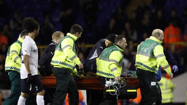 Fabrice Muamba of Bolton Wanderers is carried off the field during their FA Cup quarter-final match against Tottenham Hotspur.